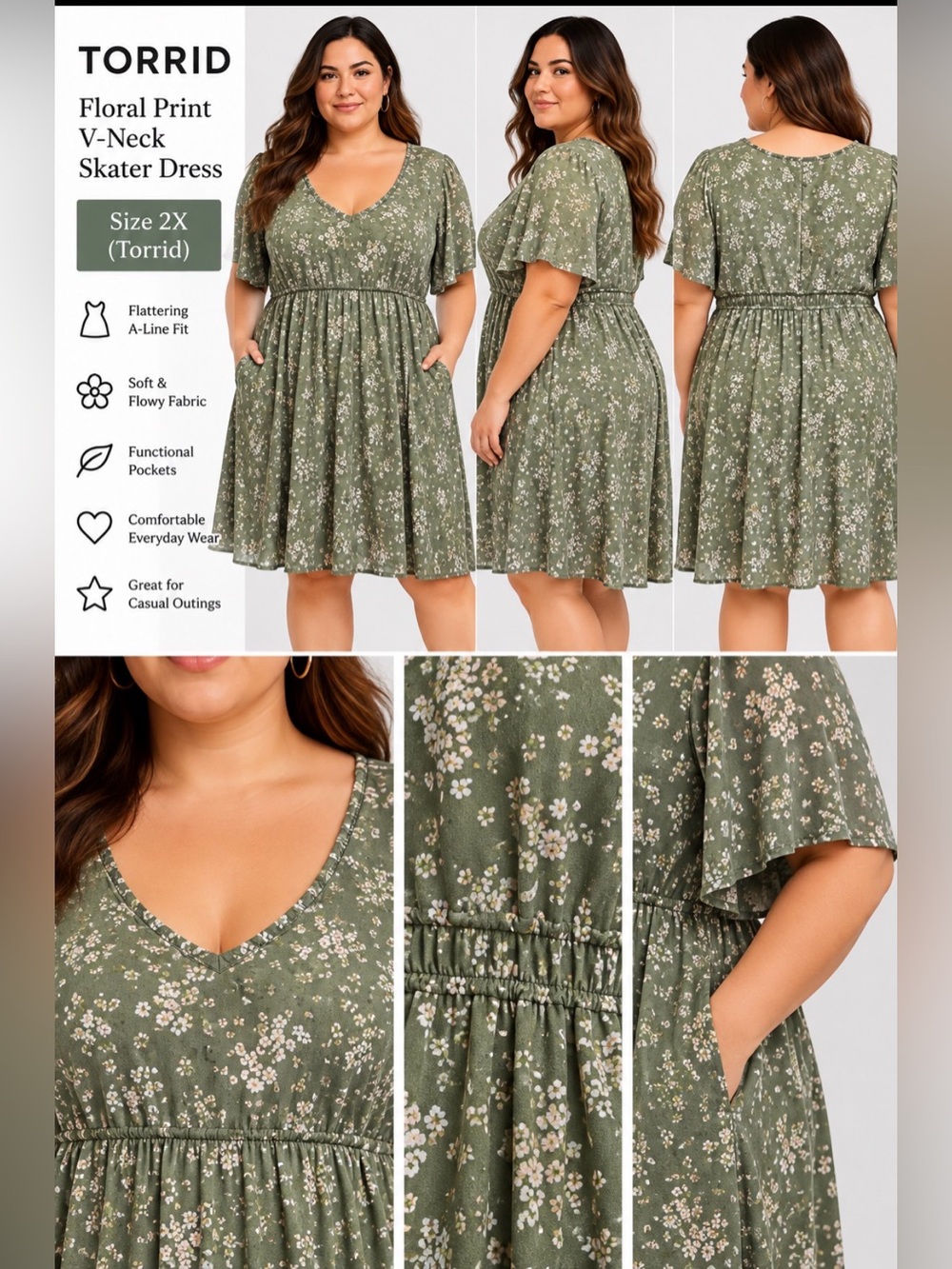 torrid Olive Floral V-Neck Midi Skater Dress